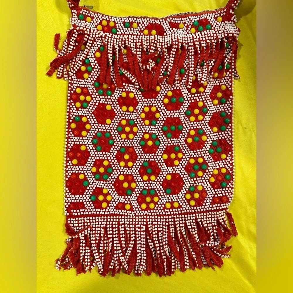 Vintage Beaded Fringe Shoulder Bag Crossbody Red Boho Ethnic Festival Purse HK